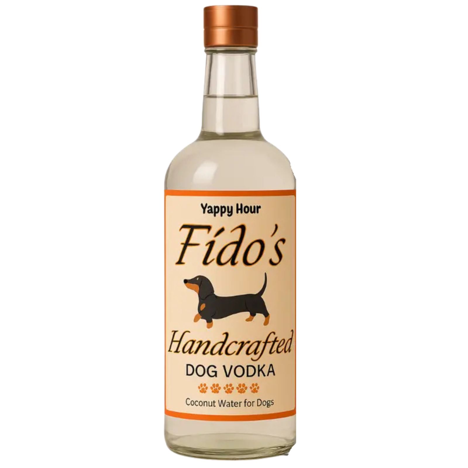 A clear glass bottle of 'Fido's Handcrafted Dog Vodka' by Yappy Hour, featuring a tan label with a black dachshund illustration and a metallic copper cap, set against a plain white background.