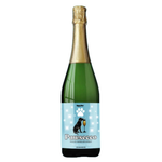 A custom sparkling wine bottle for pets, featuring a green glass body, gold foil at the neck, and a light blue label with a black dog illustration, a gold champagne glass, and the name 'Pawsecco'.