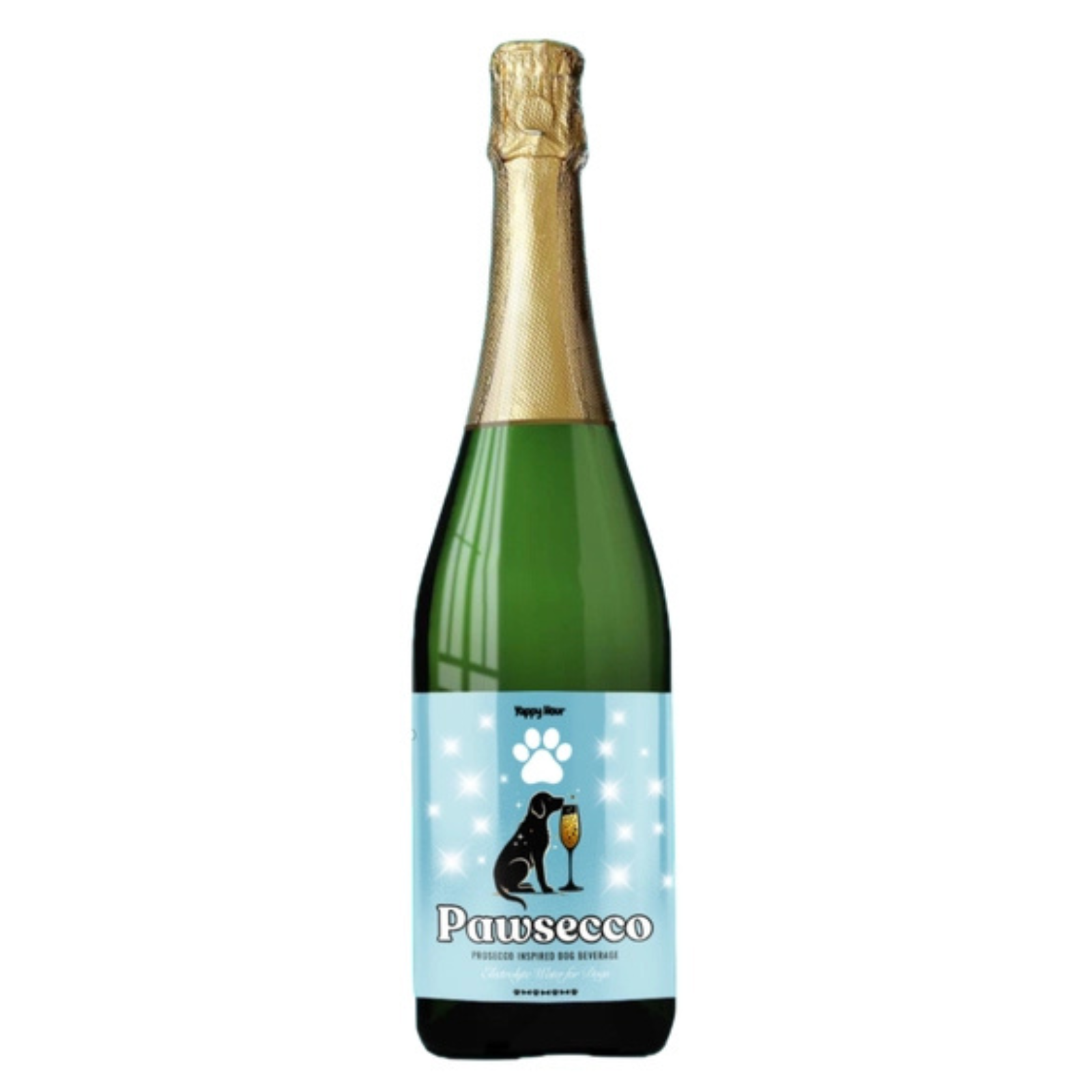 A custom sparkling wine bottle for pets, featuring a green glass body, gold foil at the neck, and a light blue label with a black dog illustration, a gold champagne glass, and the name 'Pawsecco'.
