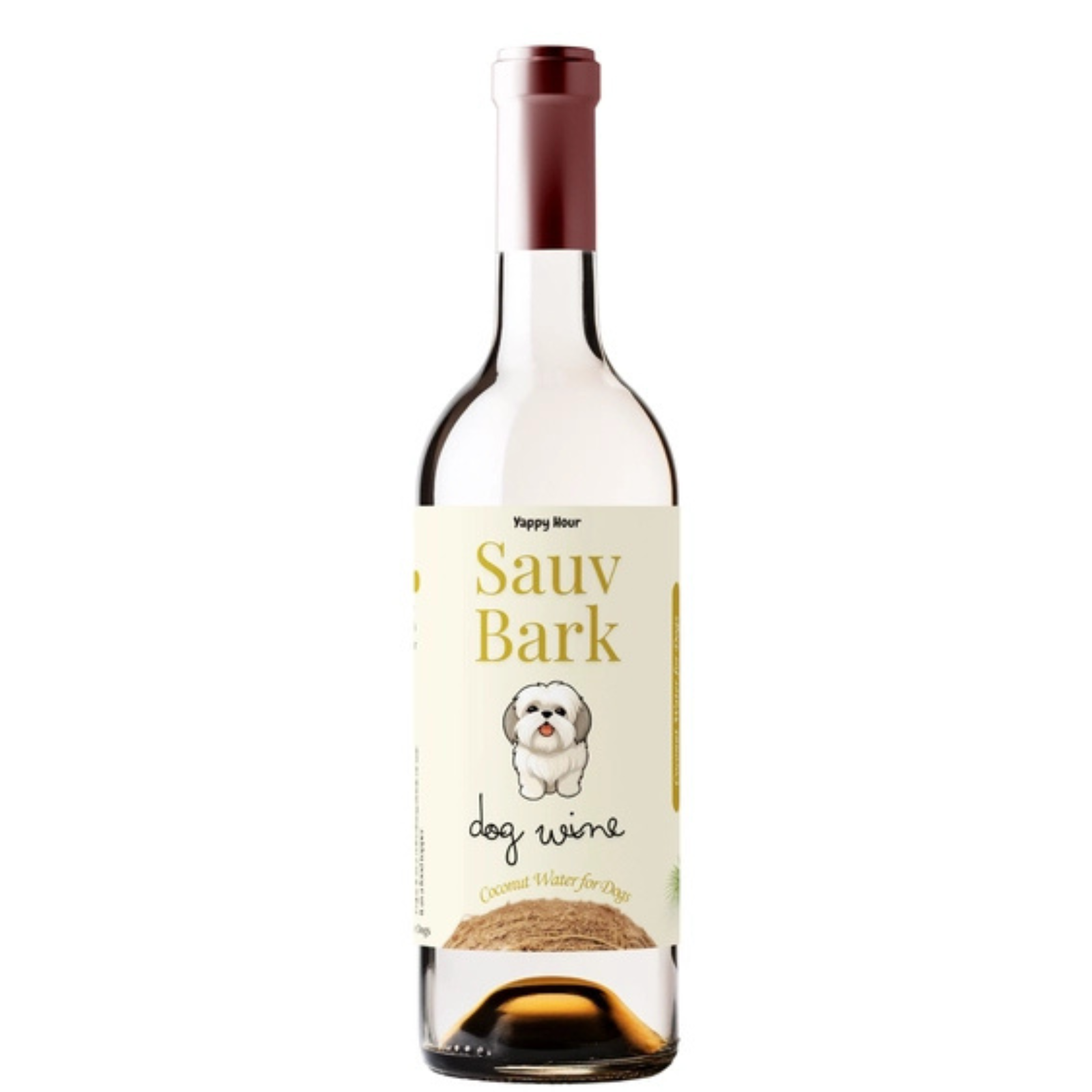 A bottle of 'Sauv Bark' dog wine by 'Puppy Hour' on a solid white background. The bottle is clear glass with a cream-colored label featuring a cartoon dog and gold lettering, topped with a dark red foil seal.
