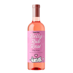 A bottle of pink rosé wine with a pink label featuring the text 'Belly Rub Rosé Dog Wine' and a cartoon dog graphic, on a plain white background.