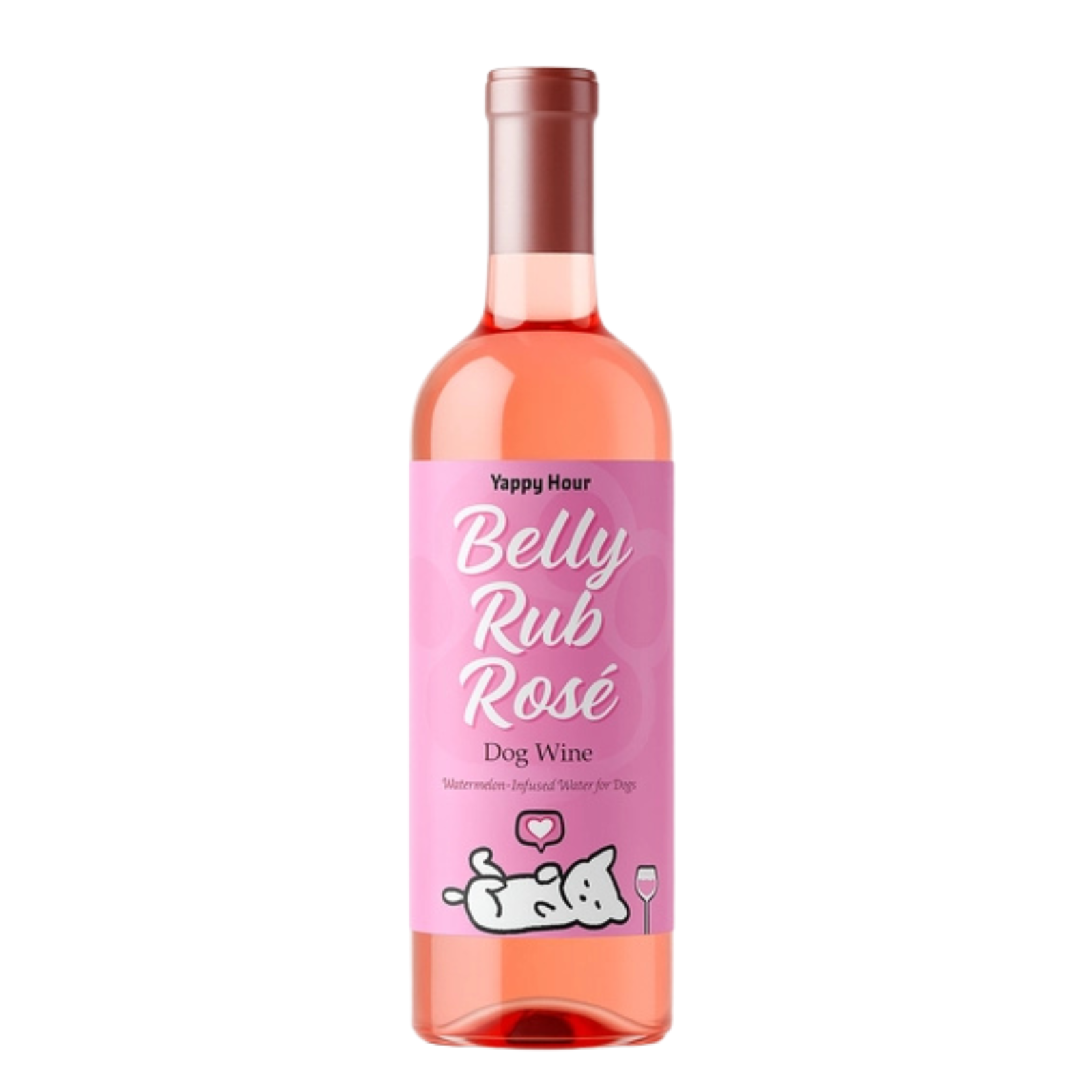 A bottle of pink rosé wine with a pink label featuring the text 'Belly Rub Rosé Dog Wine' and a cartoon dog graphic, on a plain white background.
