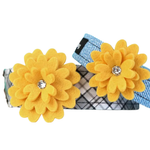 A pet collar shown on a white background, featuring two large yellow felt flower decorations with rhinestone centers on a plaid collar strap.