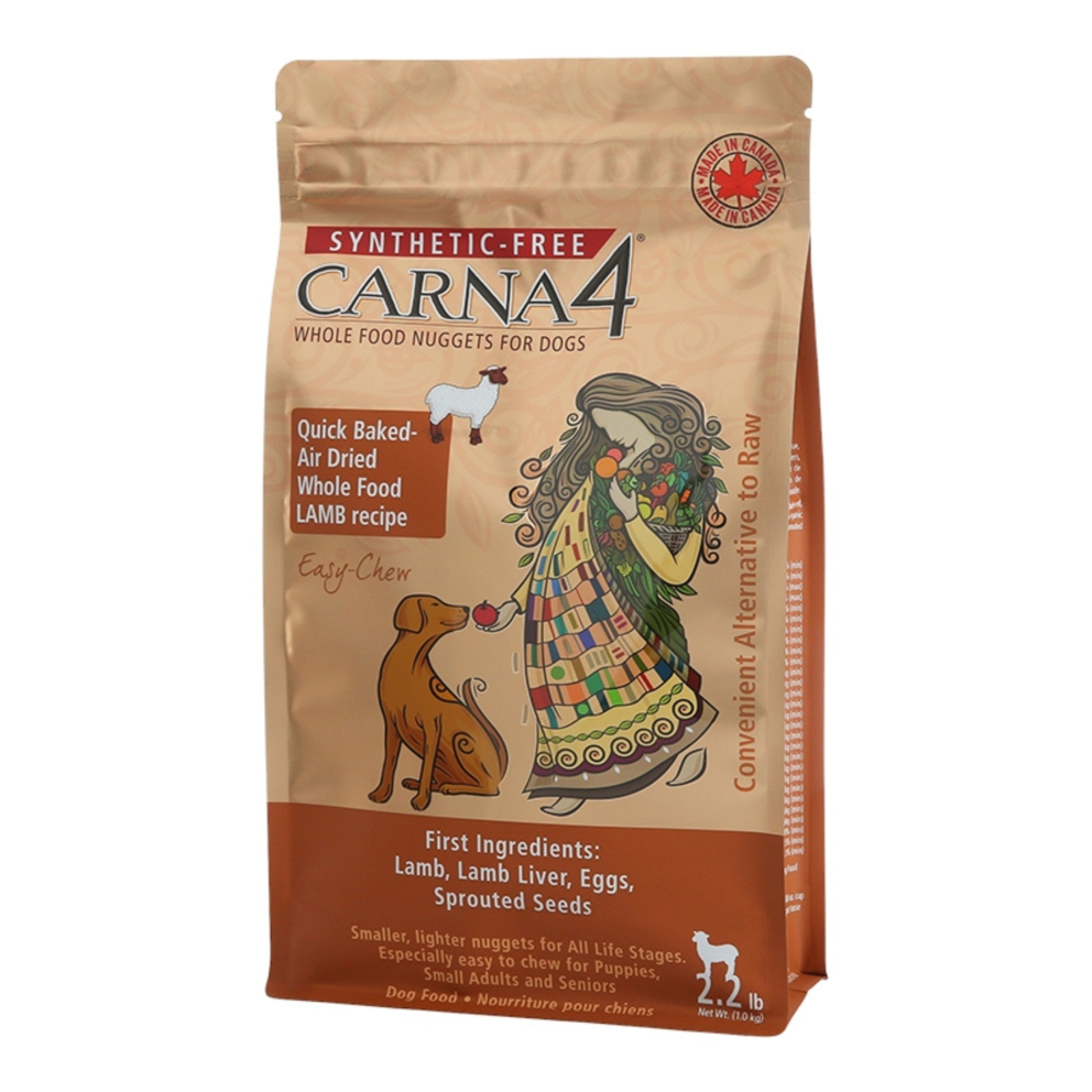 Dog food package with a woman and dog illustration on a white background