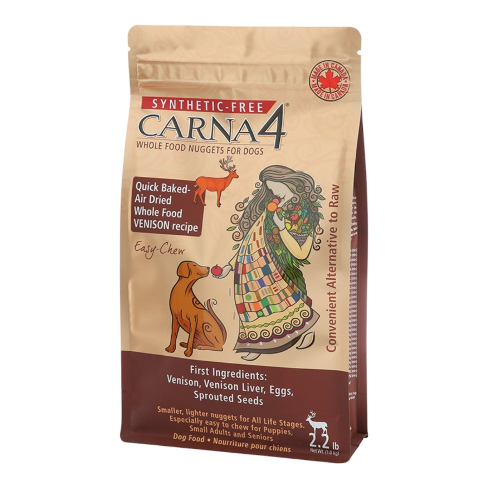 Bag of Carna4 dog food with a colorful label on a white background