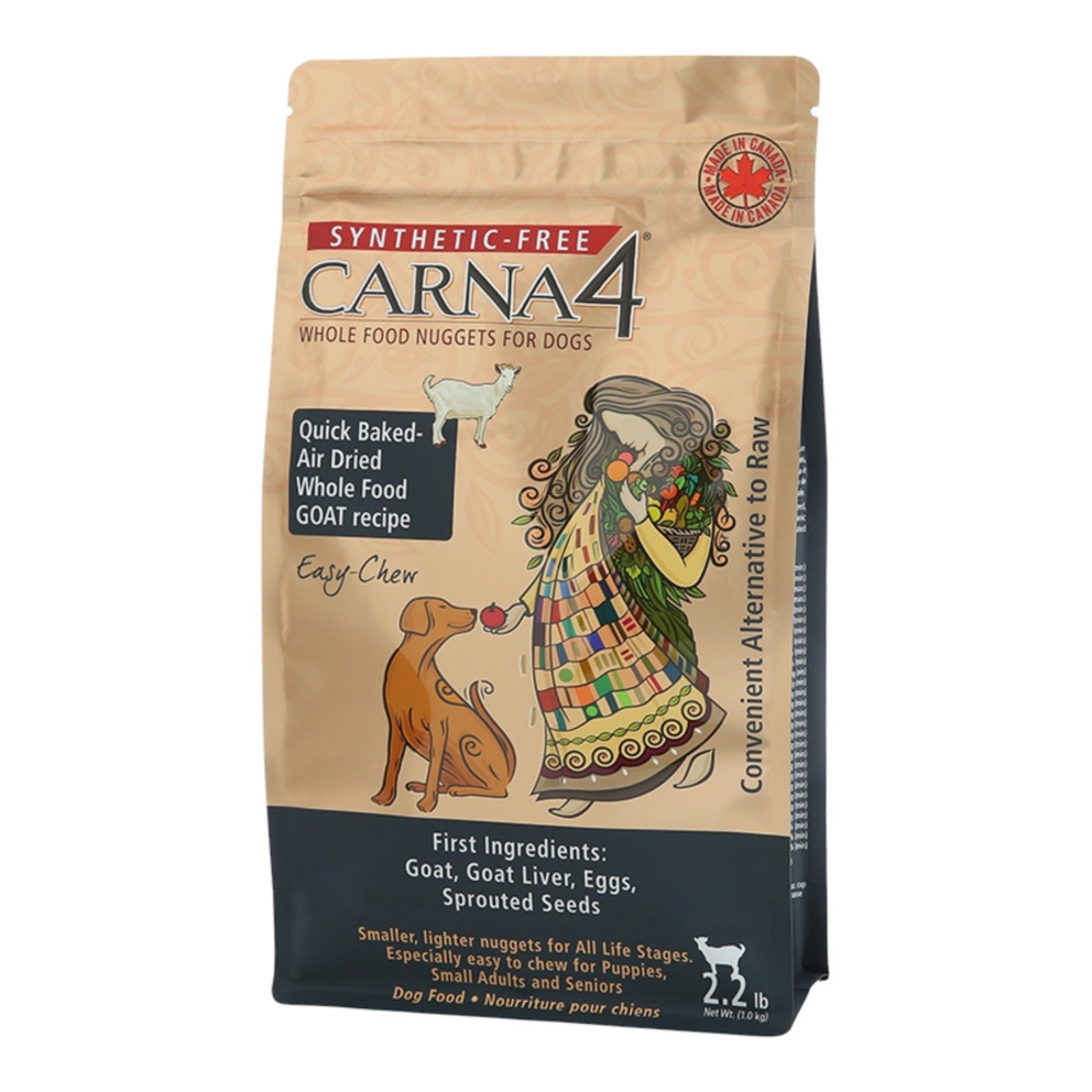 Dog food package with a woman and dog illustration on a white background