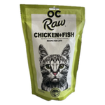 A stand-up pouch of OC Raw Chicken+Fish wet cat food, featuring a white label with a black-and-white cat illustration and lime green edges, on a plain white background.