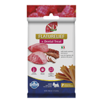 Package of Farmina FLATURELIEF + Dental Treats for dogs on a white background