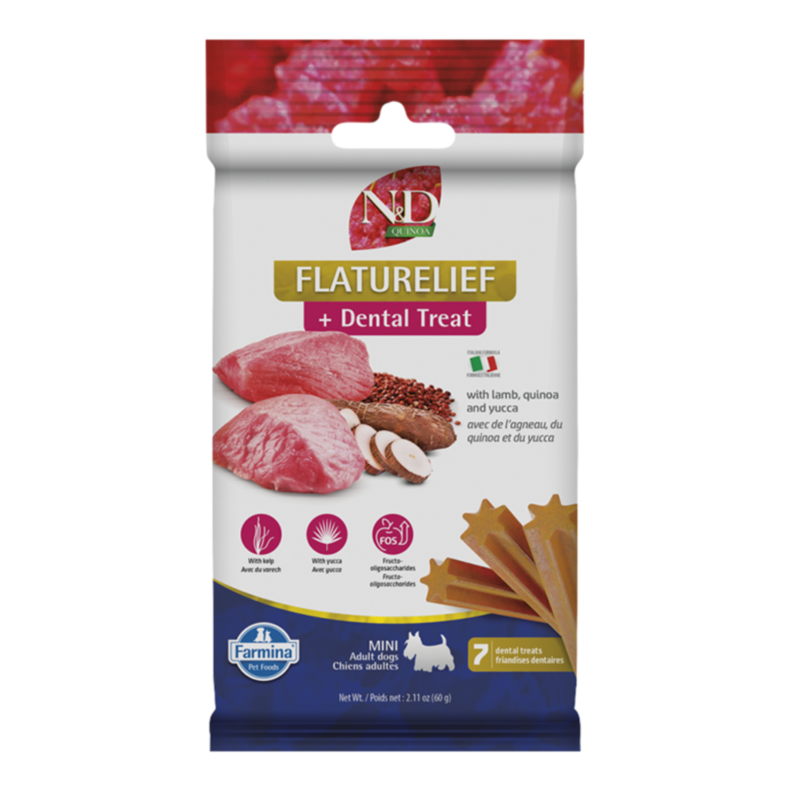 Package of Farmina FLATURELIEF + Dental Treats for dogs on a white background
