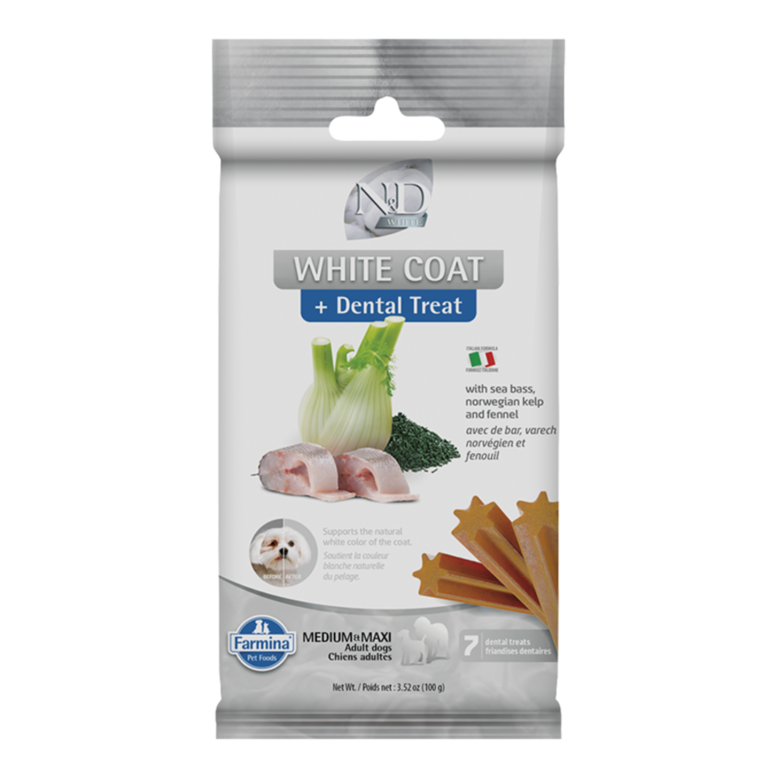Package of Farmina White Coat + Dental Treats for dogs on a white background