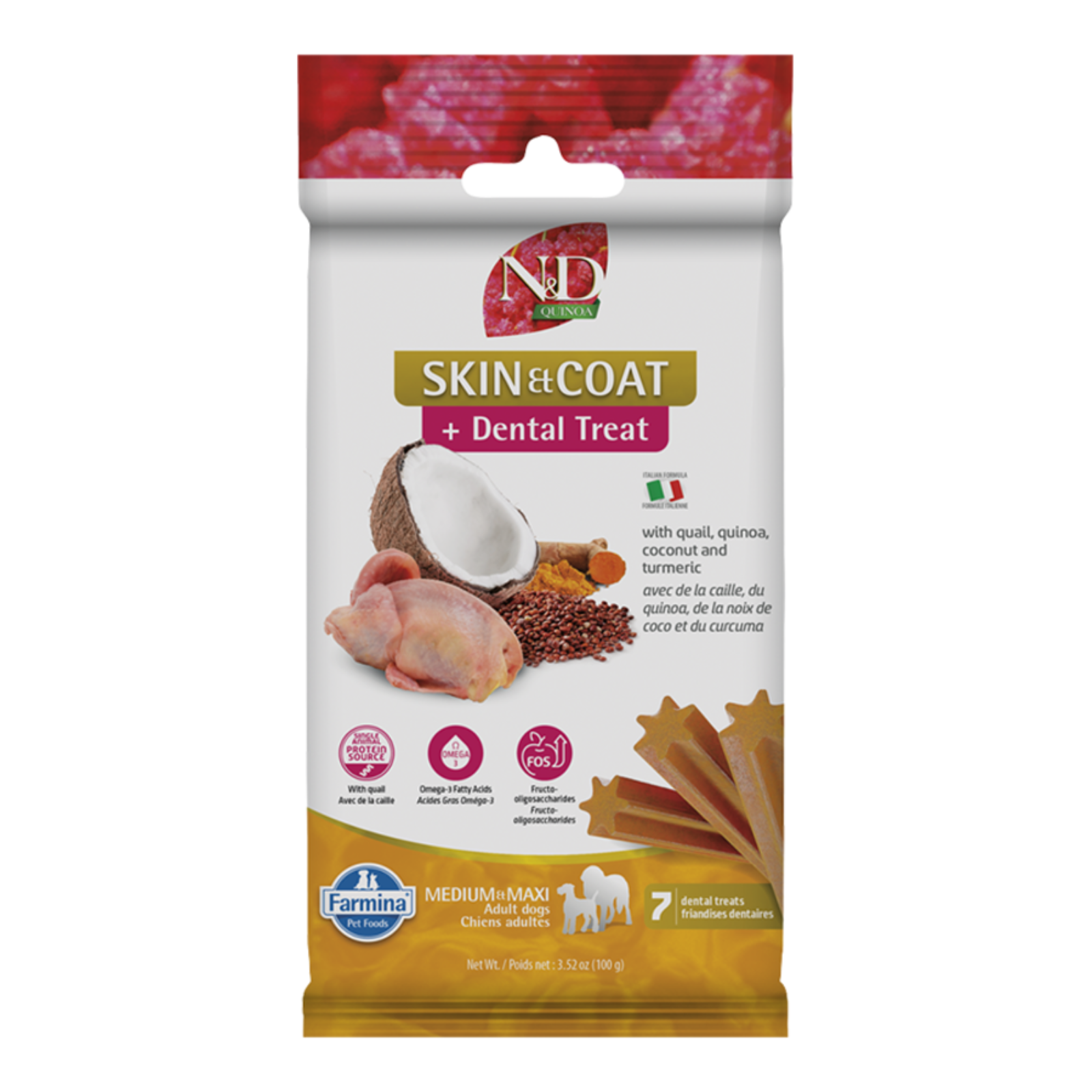 Package of N&D Skin & Coat + Dental Treats for dogs on a white background