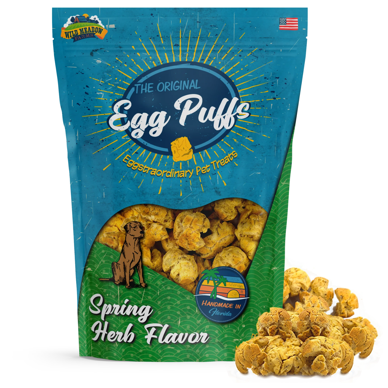 A stand-up pouch of Nitty Witty 'The Original Egg Puff' pet treats in Spring Herb Flavor, shown on a white background with several loose golden-brown popcorn-like treats in front of the bag.