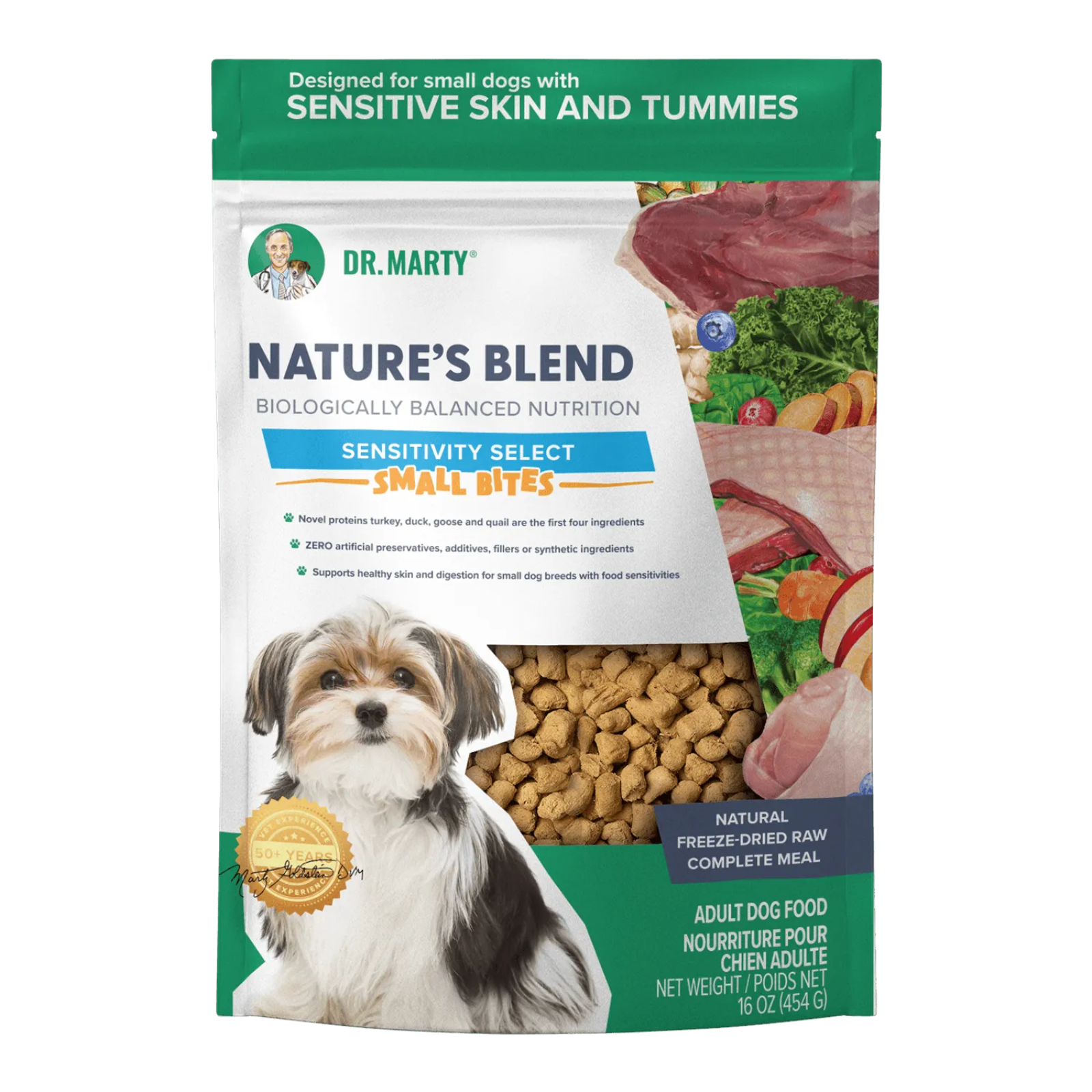 A bag of Dr. Marty Nature's Blend Small Bites Sensitivity Select adult dog food, featuring a white and green package with a picture of a small dog, kibble visible through a clear window, and raw meat and vegetables on the side.