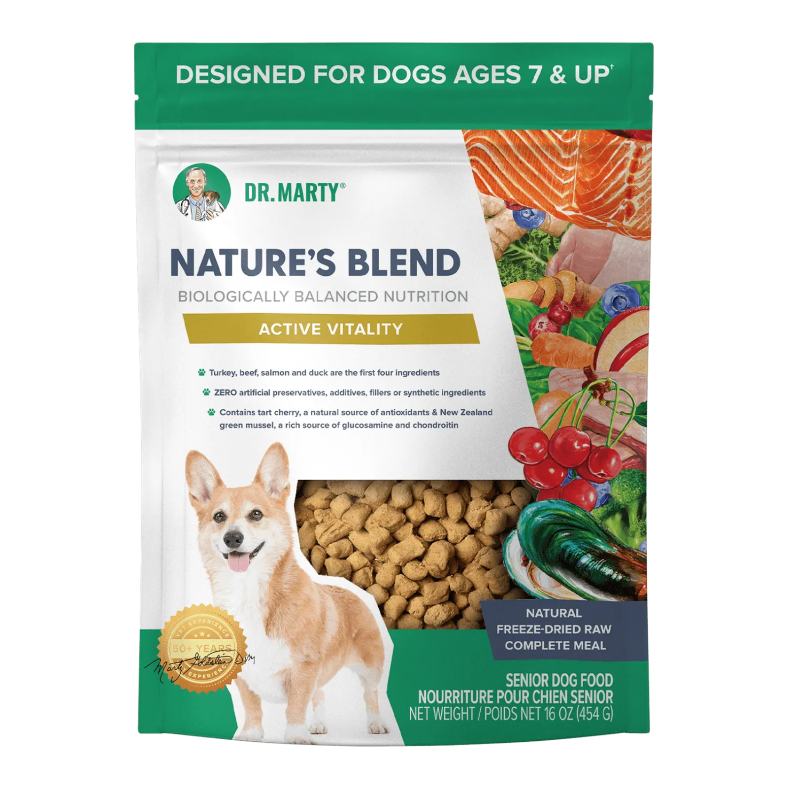 A bag of Dr. Marty Nature's Blend Senior Dog Food, designed for dogs ages 7 & up.