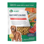 A bag of Dr. Marty Nature's Blend Radiant Select adult dog food, featuring a golden retriever on the front, a clear window showing kibble, and illustrations of salmon, beef, and fish on a white, green, and blue package.