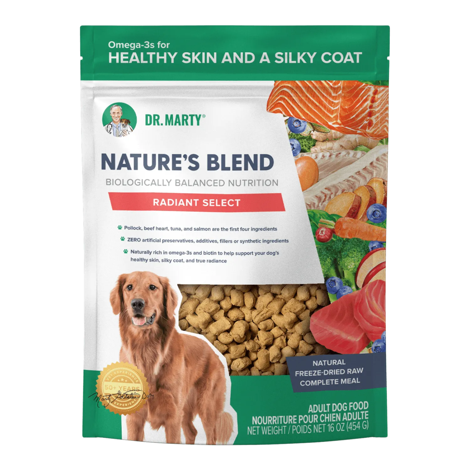 A bag of Dr. Marty Nature's Blend Radiant Select adult dog food, featuring a golden retriever on the front, a clear window showing kibble, and illustrations of salmon, beef, and fish on a white, green, and blue package.