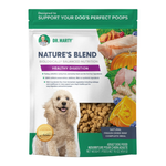 A bag of Dr. Marty Nature's Blend adult dog food, featuring a white and green package design with a photo of a golden retriever, raw meat illustrations, and a clear window showing kibble pieces inside.