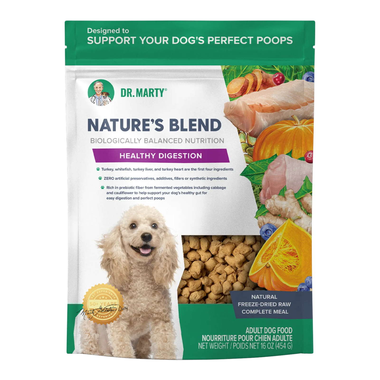 A bag of Dr. Marty Nature's Blend adult dog food, featuring a white and green package design with a photo of a golden retriever, raw meat illustrations, and a clear window showing kibble pieces inside.
