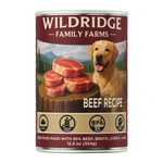 A can of Wildridge Family Farms Beef Recipe dog food, 12.5 oz, featuring a label with a yellow Labrador retriever and raw beef steaks on a tree stump against a white background.