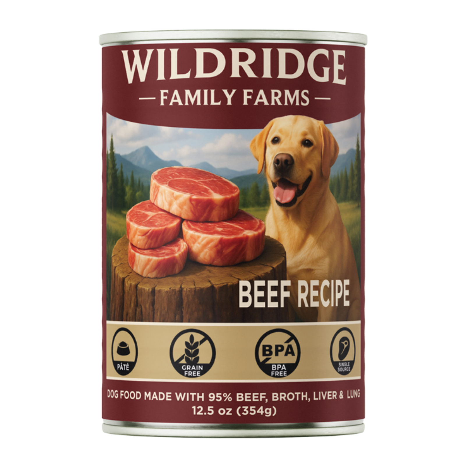 A can of Wildridge Family Farms Beef Recipe dog food, 12.5 oz, featuring a label with a yellow Labrador retriever and raw beef steaks on a tree stump against a white background.