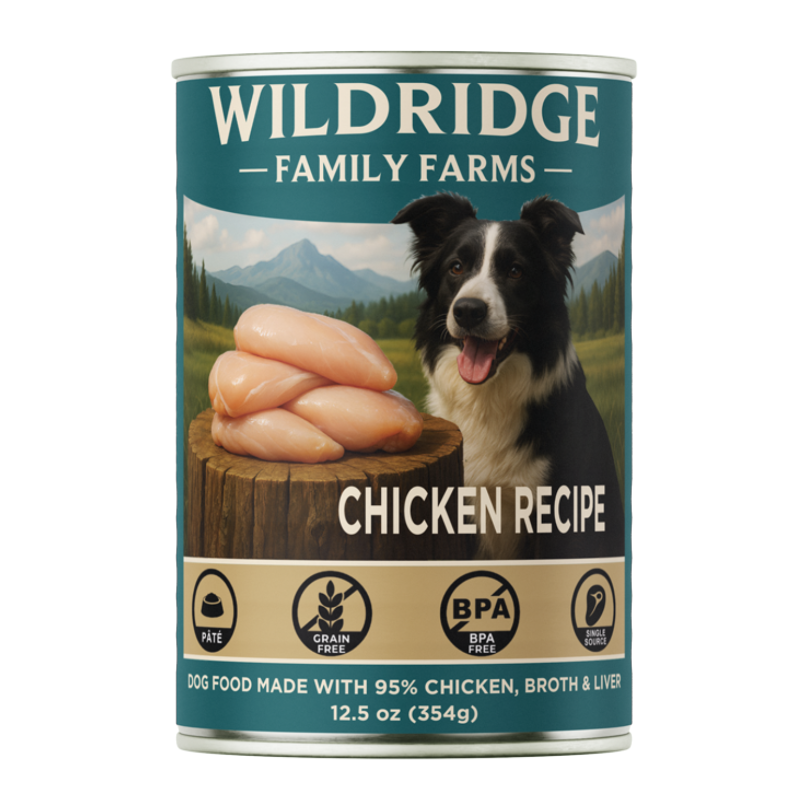 A can of Wildridge Family Farms Chicken Recipe dog food, 12.5 oz (354g).