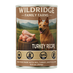A can of Wildridge Family Farms Turkey Recipe dog food, 12.5 oz, featuring a brown label with a picture of a dog and raw turkey legs.