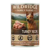 A can of Wildridge Family Farms Turkey Recipe dog food, 12.5 oz, featuring a brown label with a picture of a dog and raw turkey legs.