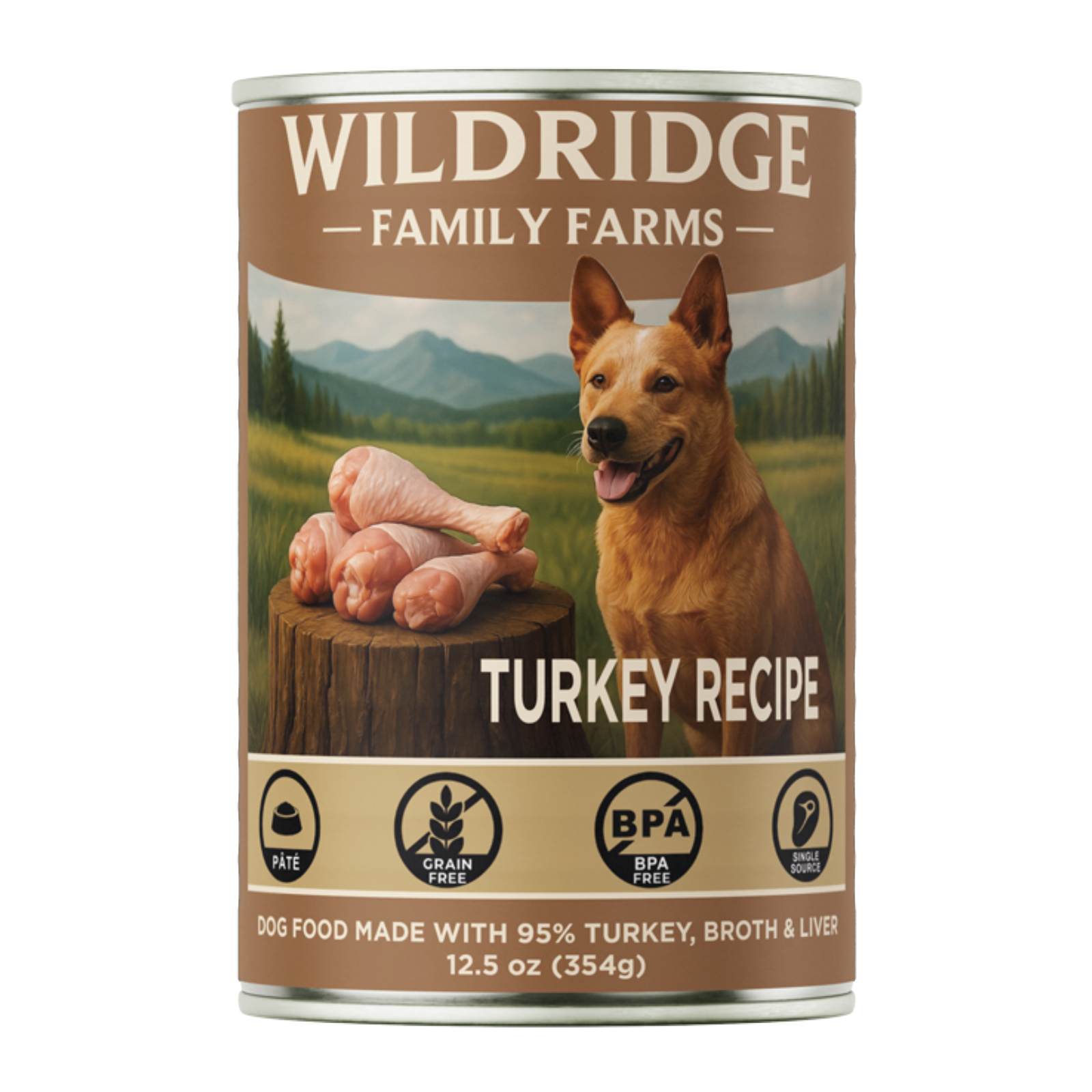 A can of Wildridge Family Farms Turkey Recipe dog food, 12.5 oz, featuring a brown label with a picture of a dog and raw turkey legs.