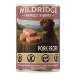 A can of Wildridge Family Farms Pork Recipe dog food, 12.5 oz, featuring a brown dog and raw pork chops on the label, set against a plain white background.