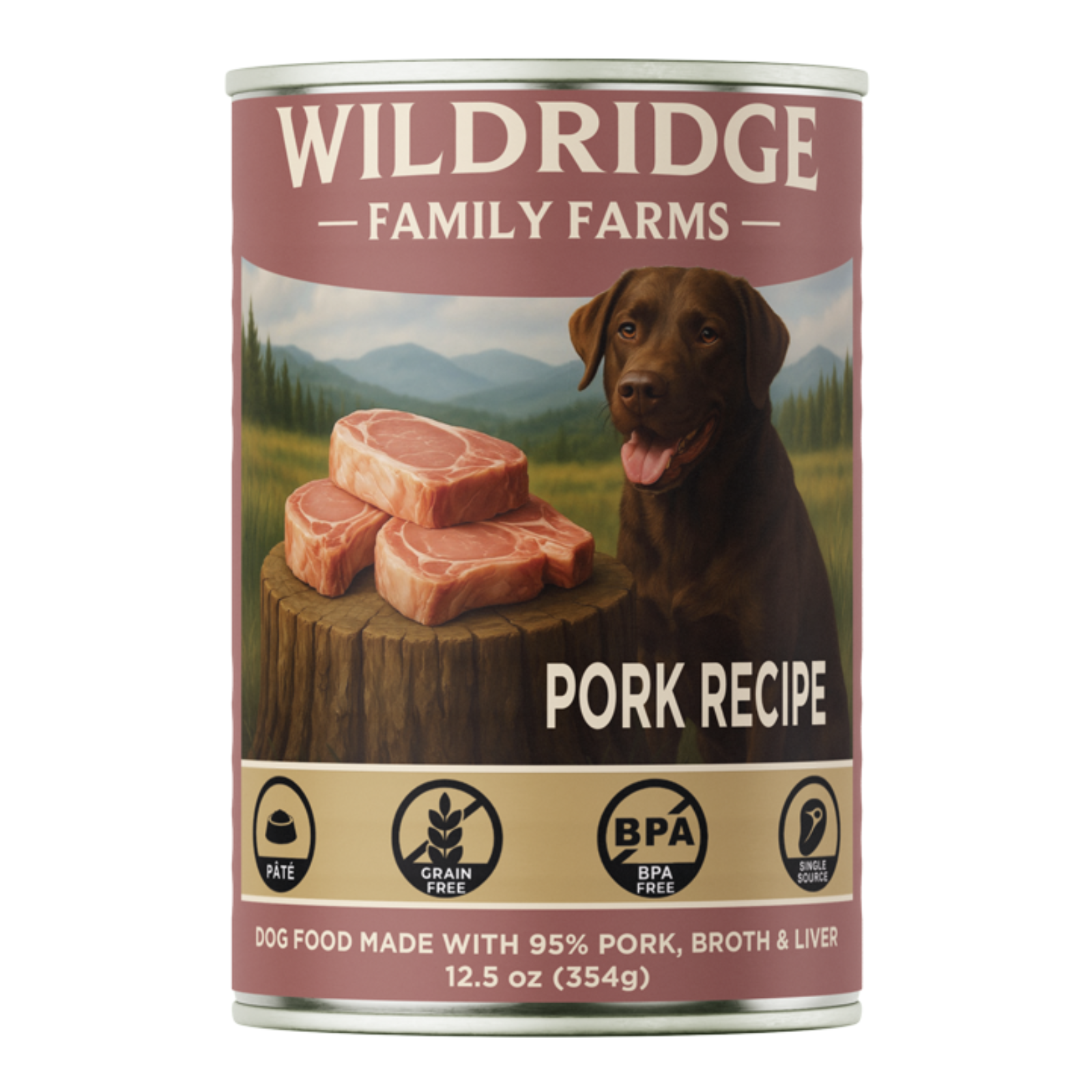 A can of Wildridge Family Farms Pork Recipe dog food, 12.5 oz, featuring a brown dog and raw pork chops on the label, set against a plain white background.