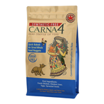 A bag of Carna 4 Synthetic-Free cat food, grain-free quick-baked air-dried nuggets, featuring a beige and blue design with an illustration of a woman and a cat.