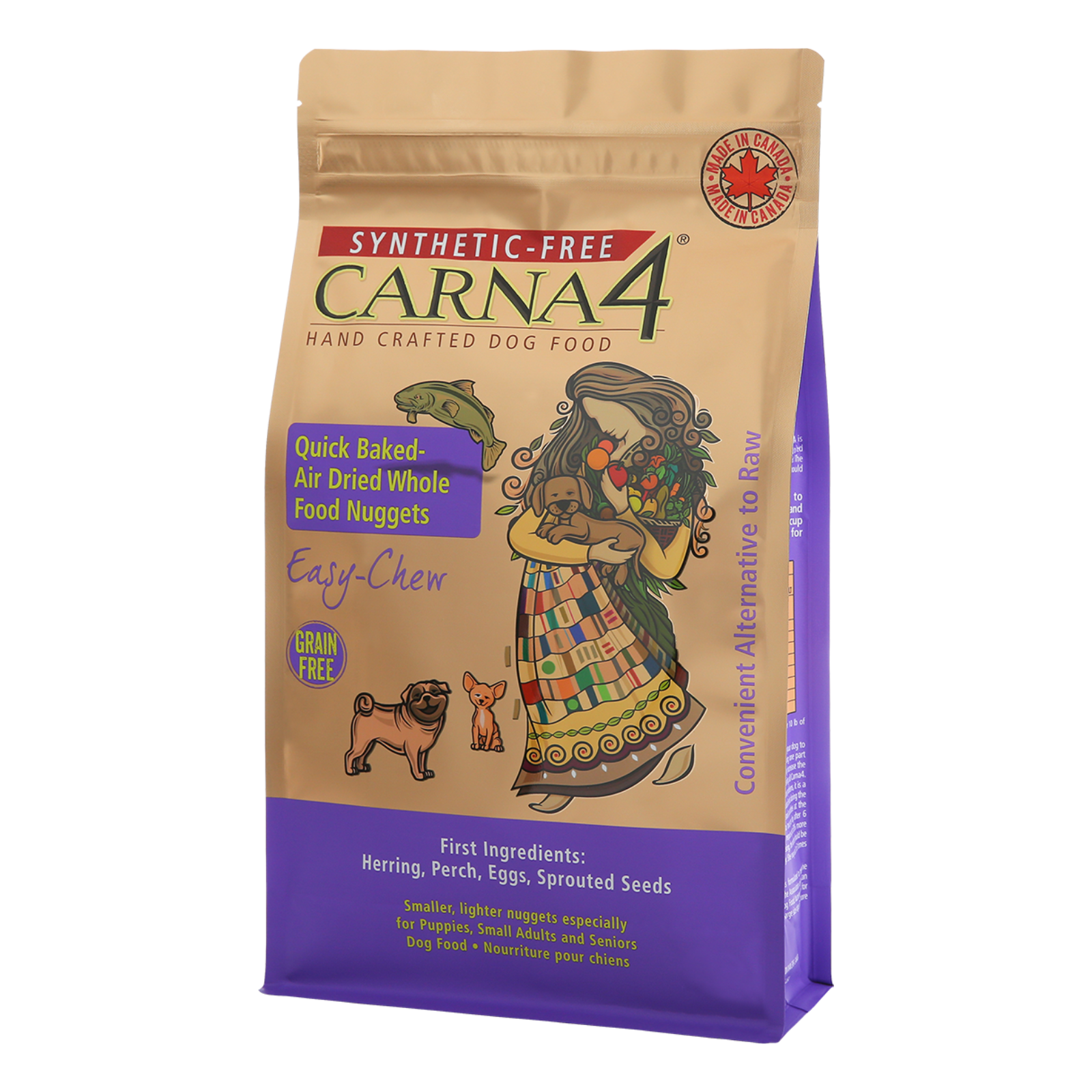 A bag of Carna 4 Synthetic-Free dog food, featuring a kraft paper design with a purple bottom section and an illustration of a woman holding a dog, on a white background.