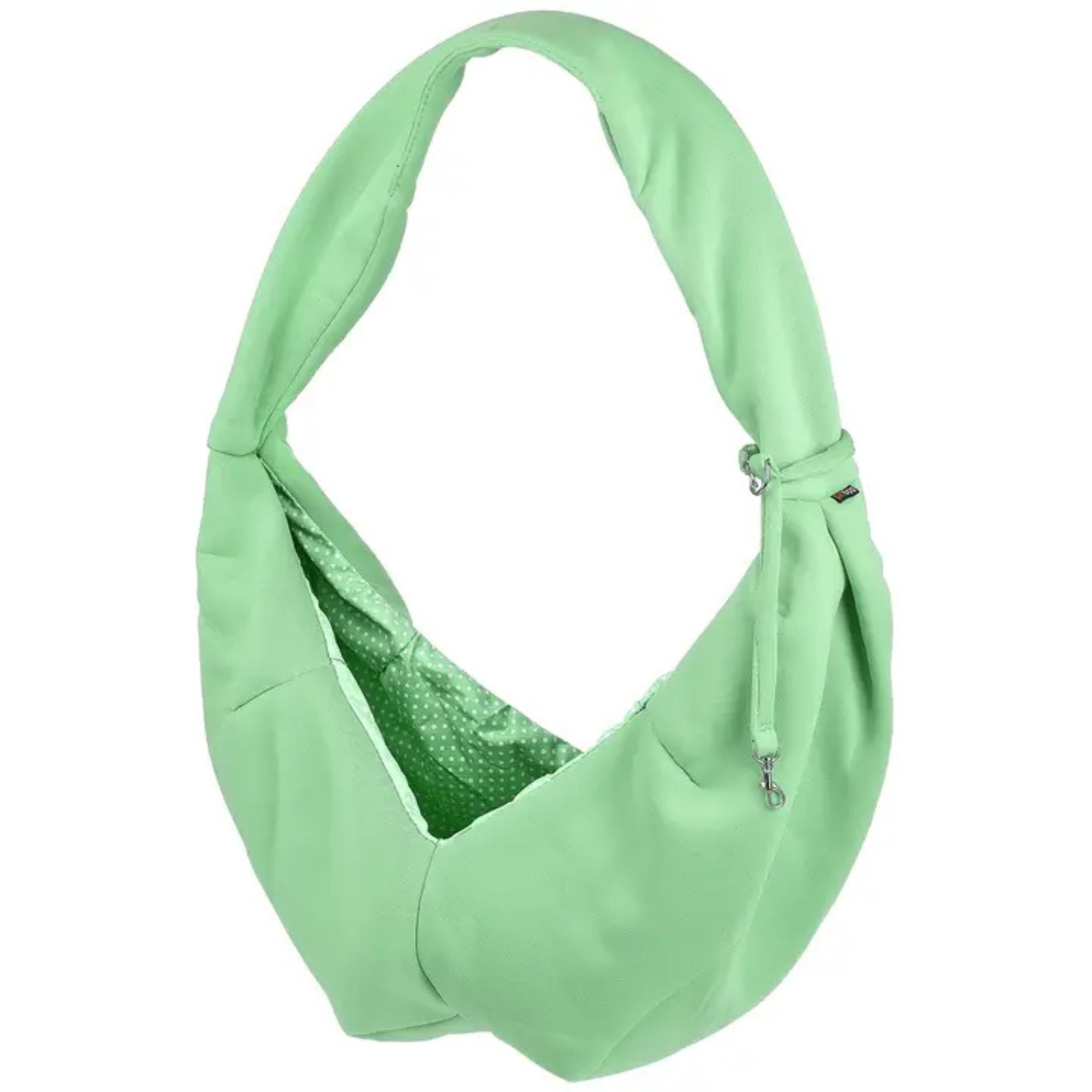 Light green pet sling carrier on a white background