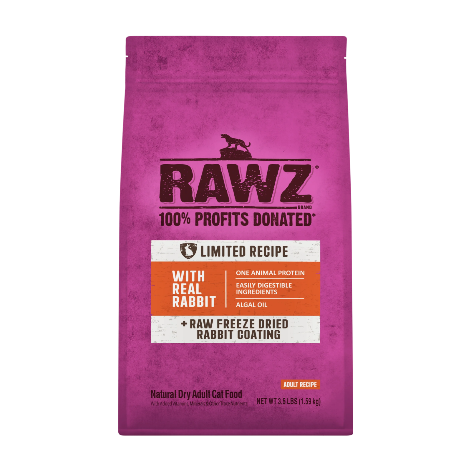A 3 lb bag of RAWZ With Real Rabbit dry adult cat food, featuring a bright magenta-purple bag with dark brown and orange text and graphics.