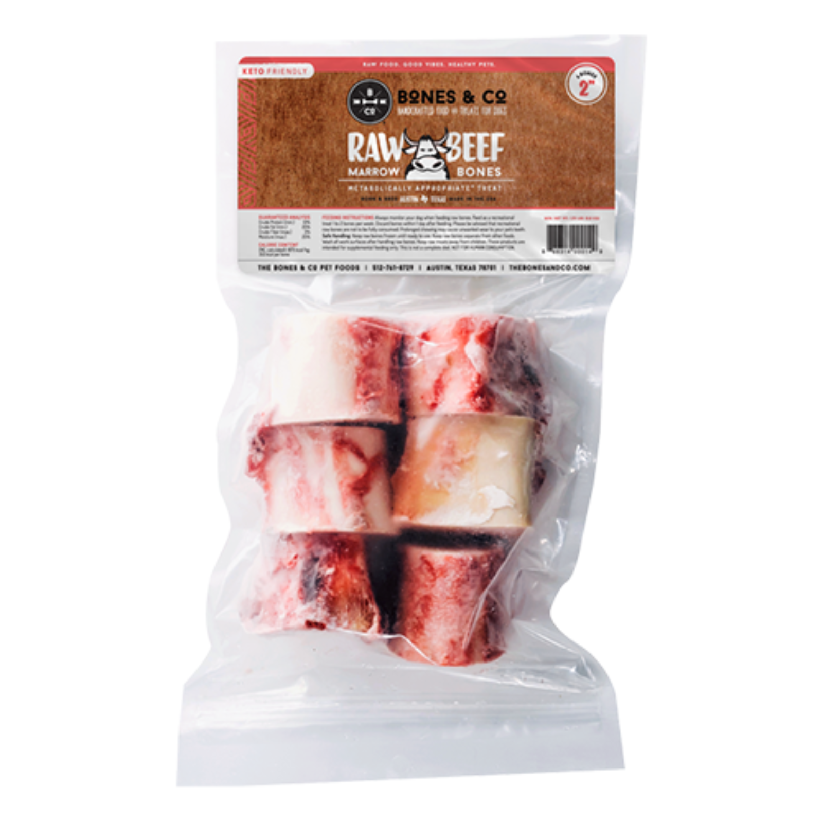 A package of Raw Beef Marrow Bones for dogs, containing four bone-shaped treats visible through a clear plastic bag with a brown and red label.