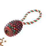 A pet toy featuring a red textured ball with spikes and a red, green, and white striped rope loop, shown on a white background with a few kibble pieces at the bottom left.