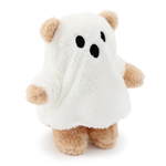A cute plush toy shaped like a teddy bear wearing a ghost costume, featuring a white fuzzy ghost body with black embroidered eyes and mouth, and light brown/tan bear ears, paws, and feet, set against a plain white background.