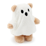 A cute plush toy shaped like a teddy bear wearing a ghost costume, featuring a white fuzzy ghost body with black embroidered eyes and mouth, and light brown/tan bear ears, paws, and feet, set against a plain white background.