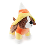 A plush dog toy dressed in a candy corn costume, featuring a brown and white face, orange and yellow body, and a pointed white, orange, and yellow hat, photographed on a clean white background.