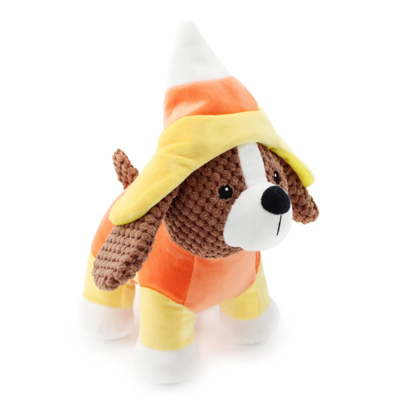 A plush dog toy dressed in a candy corn costume, featuring a brown and white face, orange and yellow body, and a pointed white, orange, and yellow hat, photographed on a clean white background.