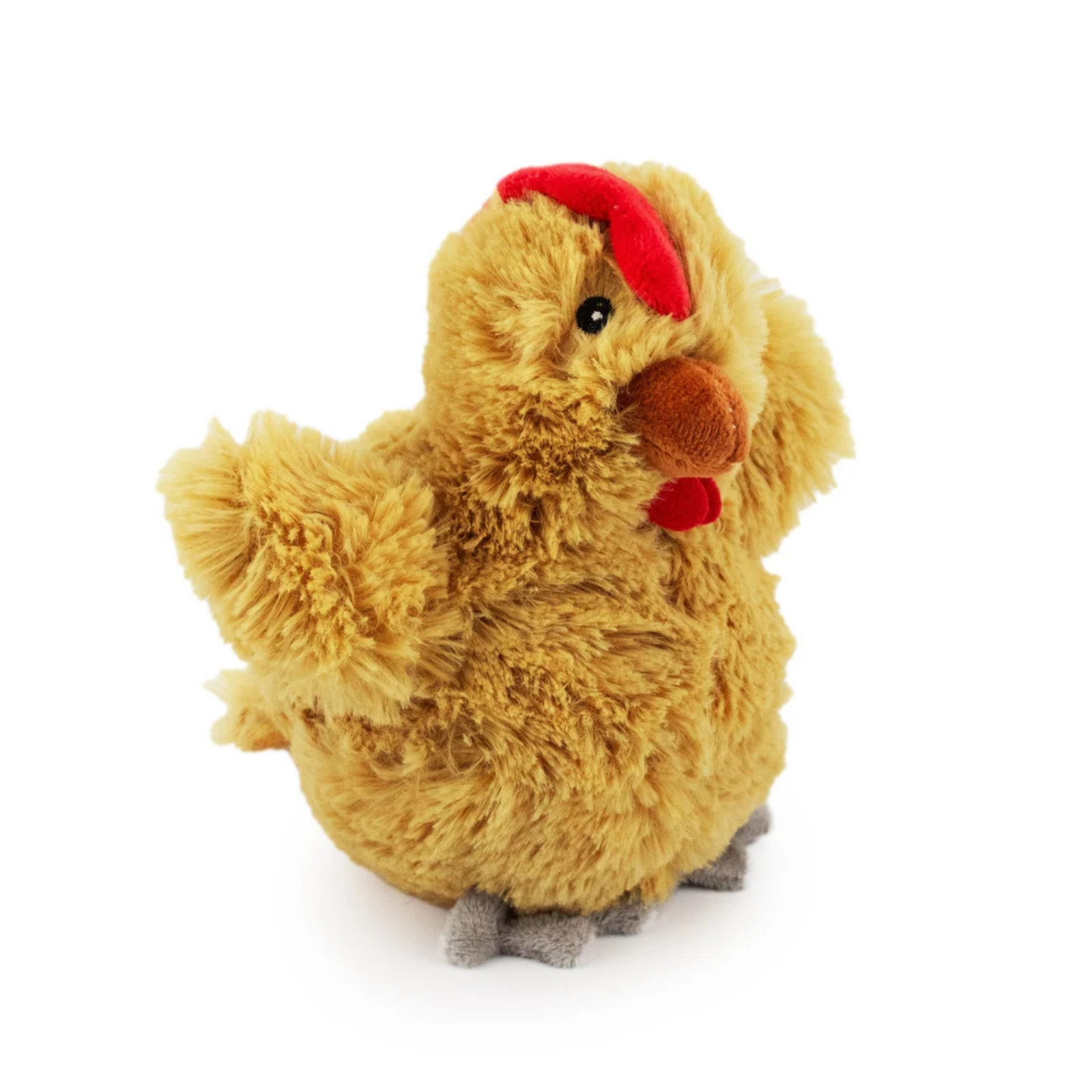 Plush chicken toy with a red comb on a white background