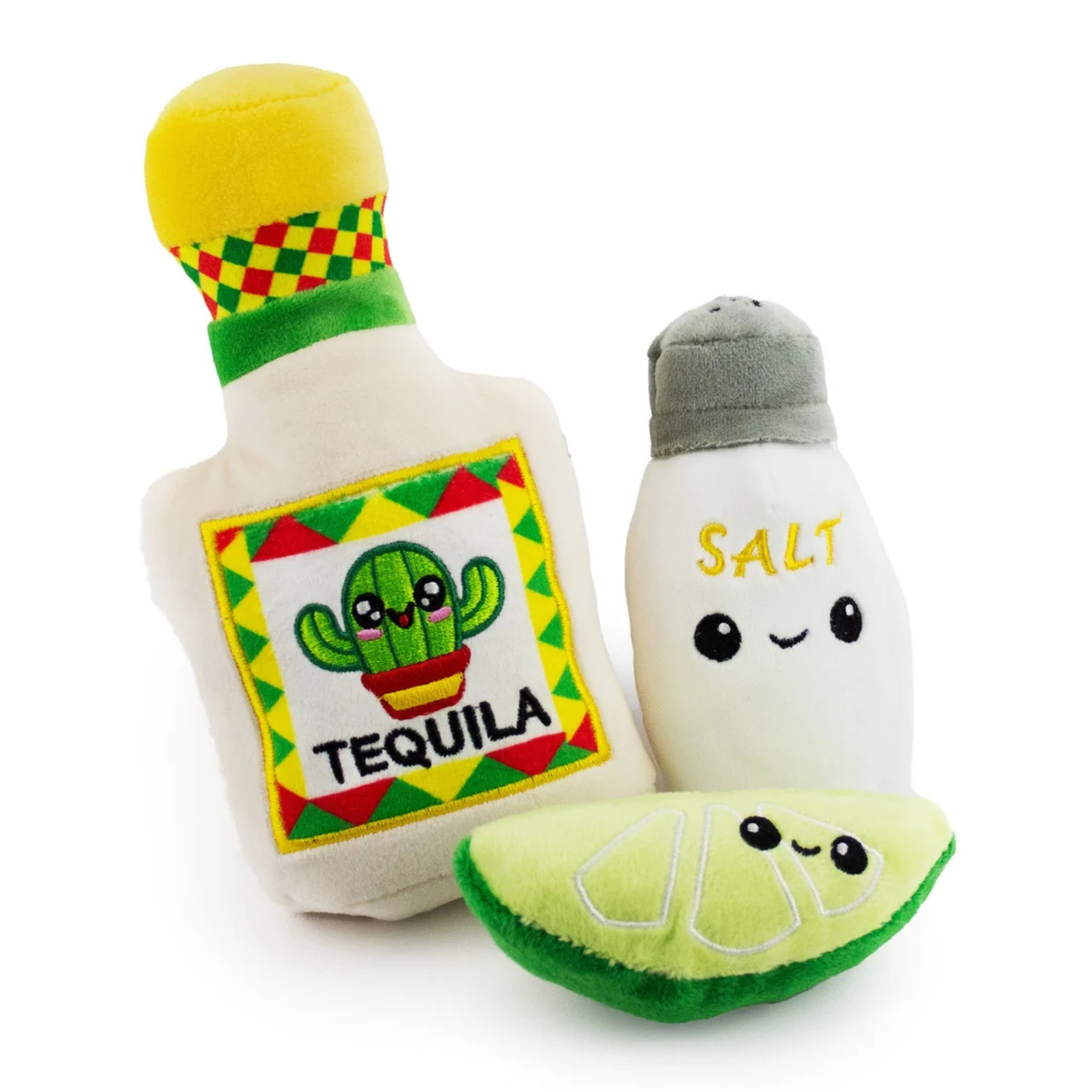 A plush toy set shaped like a tequila bottle, a salt shaker labeled SALT, and a smiling lime wedge, all on a plain white background.