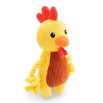 A yellow plush chicken toy with a red comb and wattle, orange beak, and a brown corduroy belly, standing on a white background.