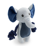 Plush elephant toy with a blue rope on a white background