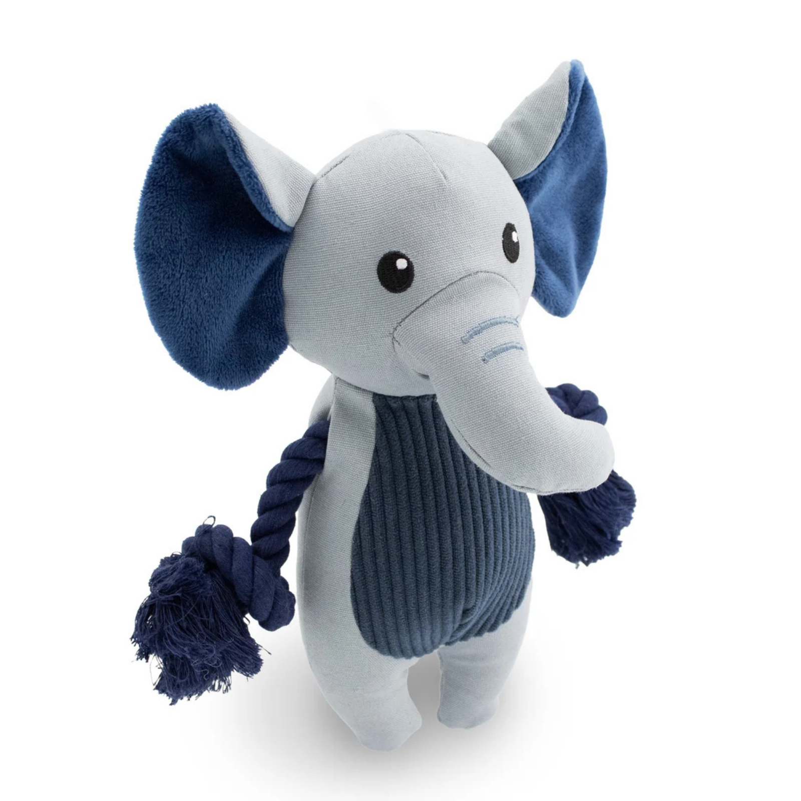 Plush elephant toy with a blue rope on a white background