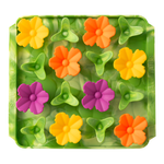 Colorful flower-shaped objects in a green mold on a white background
