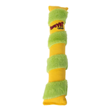 A yellow and lime green striped plush cat kicker toy with the brand name Yeowww!