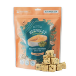 A stand-up pouch of Petrients Keendlet SeaLew Salmon & Seaweed pet treats, shown with several cube-shaped treats stacked in front on a white background.
