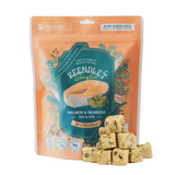 A stand-up pouch of Petrients Keendlet SeaLew Salmon & Seaweed pet treats, shown with several cube-shaped treats stacked in front on a white background.