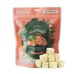 Package of Keendlet Shrimp & Broccoli snacks with a stack of snacks in front on a white background